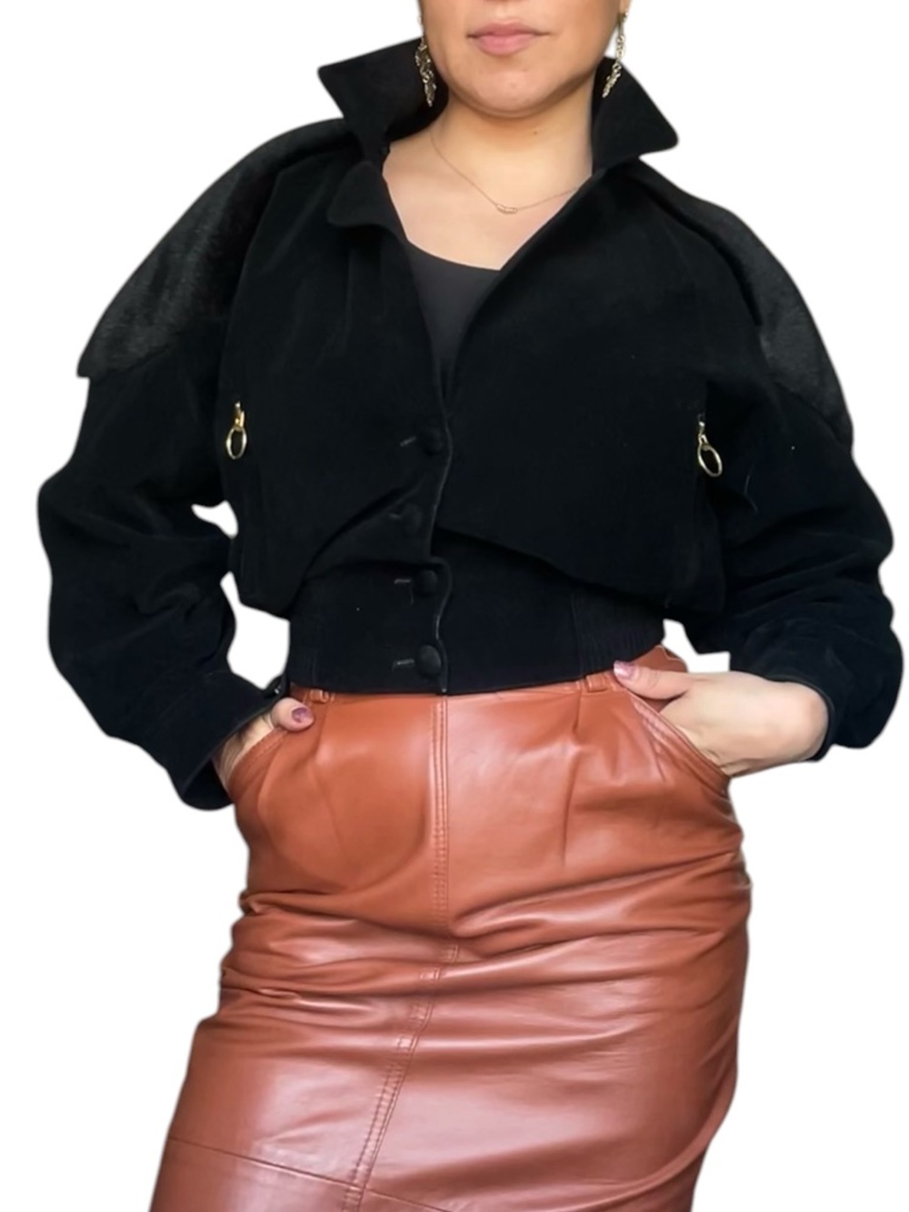 Faux Suede Cropped Jacket w/ Removable Faux Fur Collar | Luxe Statement- Small - Picture 3 of 12